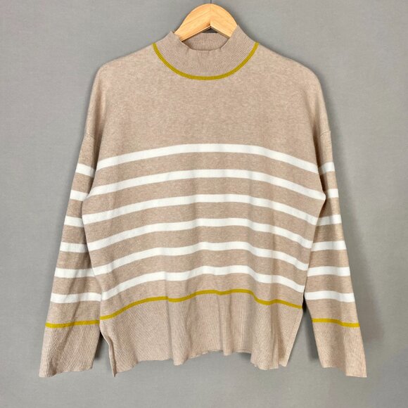 Tahari Sweater Striped XL Women Autumn Fall Pullover Mock Neck Tan White Green - Picture 4 of 11